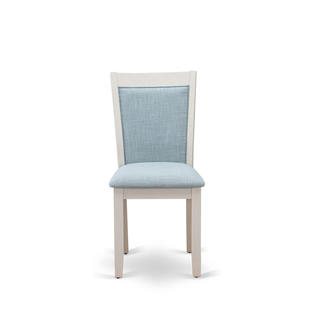 East West Furniture MZC0T15 Monza Dining Room Chairs Set of 2 - Baby Blue Linen Fabric Seat and High Chair Back - Wire Brushed linen white Finish (SET OF 2)