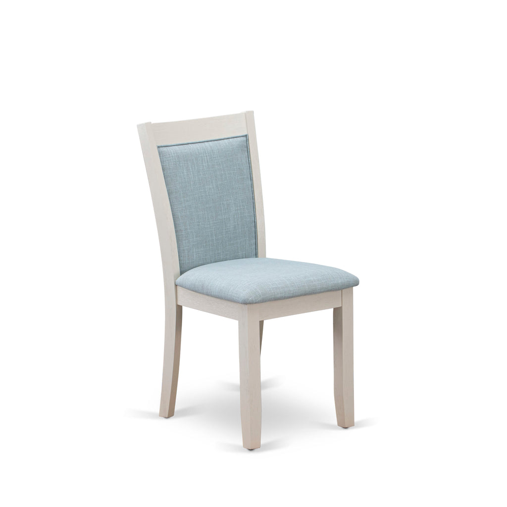 East West Furniture MZC0T15 Monza Dining Room Chairs Set of 2 - Baby Blue Linen Fabric Seat and High Chair Back - Wire Brushed linen white Finish (SET OF 2)