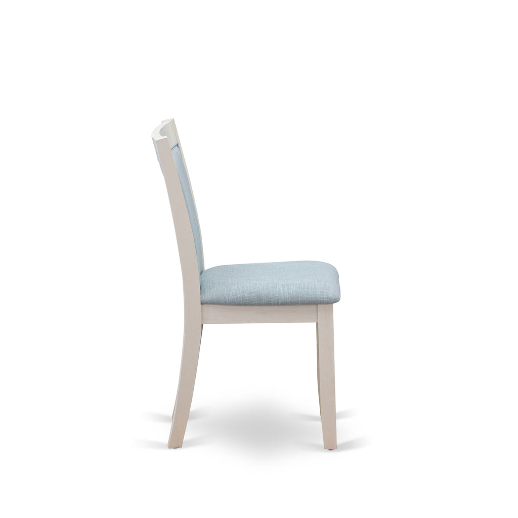 East West Furniture MZC0T15 Monza Dining Room Chairs Set of 2 - Baby Blue Linen Fabric Seat and High Chair Back - Wire Brushed linen white Finish (SET OF 2)