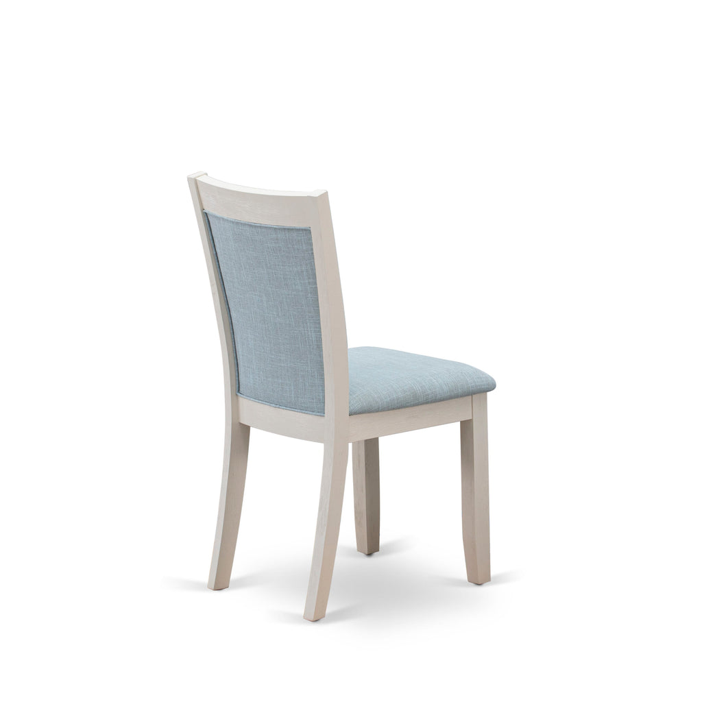 East West Furniture MZC0T15 Monza Dining Room Chairs Set of 2 - Baby Blue Linen Fabric Seat and High Chair Back - Wire Brushed linen white Finish (SET OF 2)