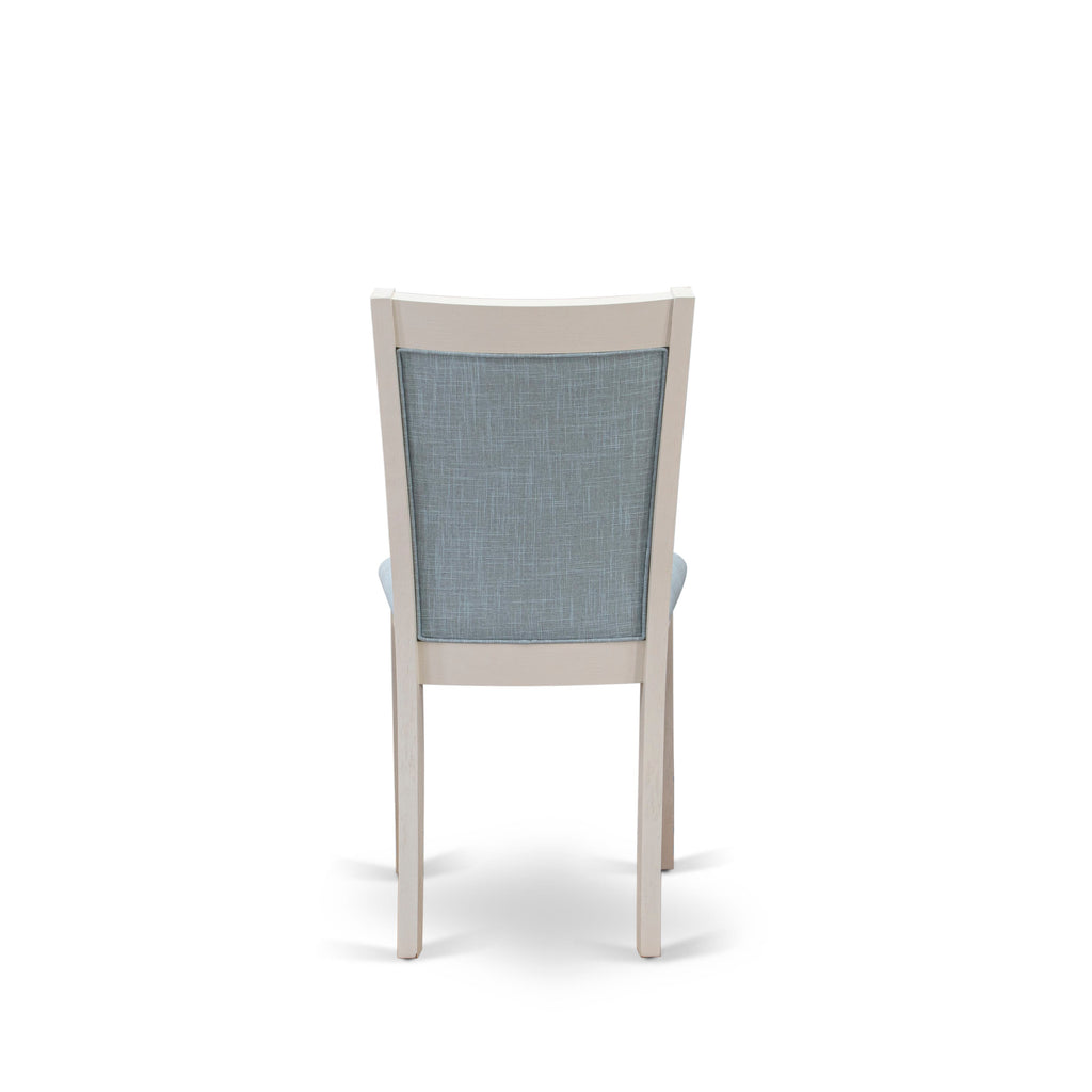 East West Furniture MZC0T15 Monza Dining Room Chairs Set of 2 - Baby Blue Linen Fabric Seat and High Chair Back - Wire Brushed linen white Finish (SET OF 2)