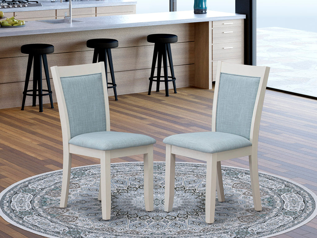 East West Furniture MZC0T15 Monza Dining Room Chairs Set of 2 - Baby Blue Linen Fabric Seat and High Chair Back - Wire Brushed linen white Finish (SET OF 2)