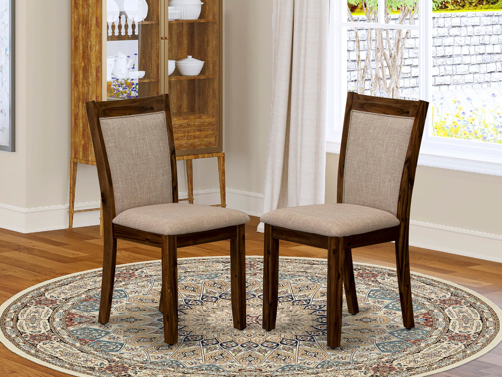 East West Furniture MZCNT04 Monza Dining Room Chairs - Light Tan Linen Fabric Seat and High Chair Back - Sand Blasting Antique Walnut Finish (SET OF 2)