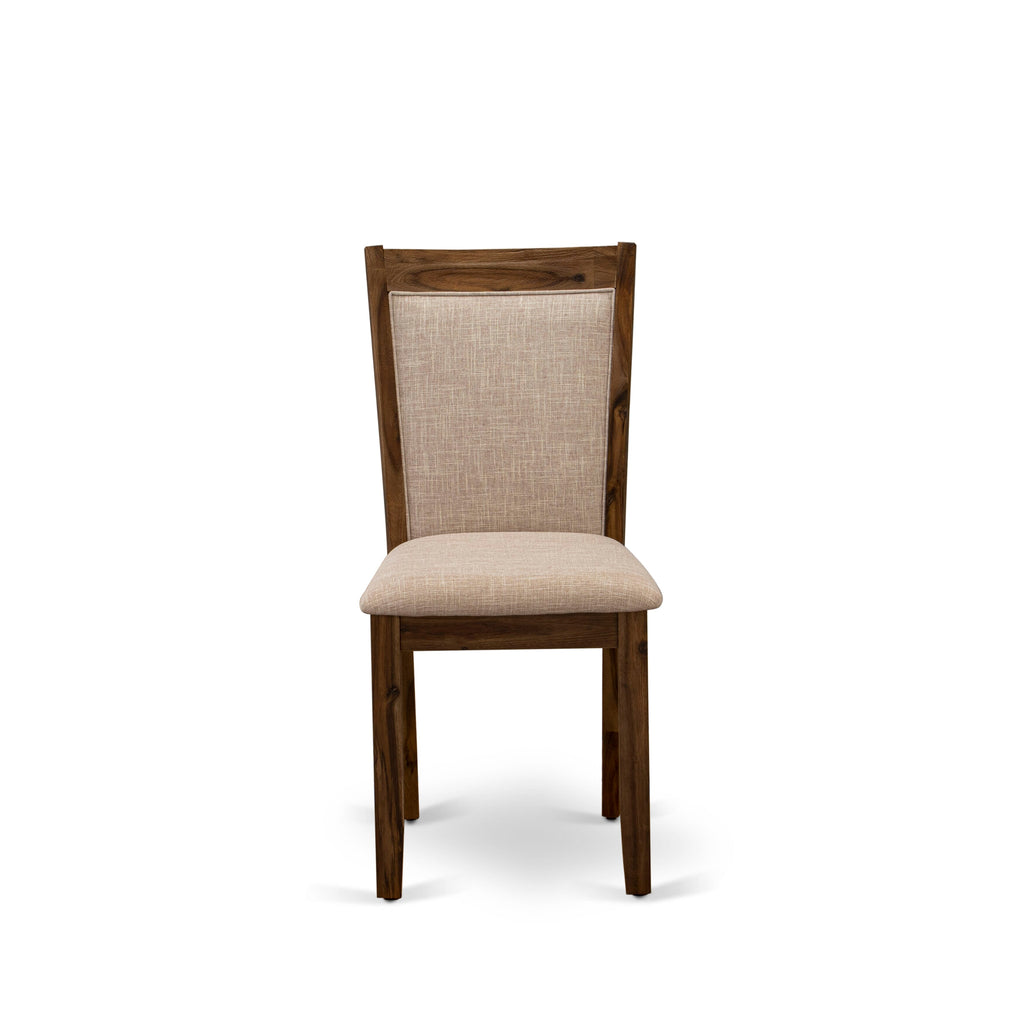 East West Furniture MZCNT04 Monza Dining Room Chairs - Light Tan Linen Fabric Seat and High Chair Back - Sand Blasting Antique Walnut Finish (SET OF 2)
