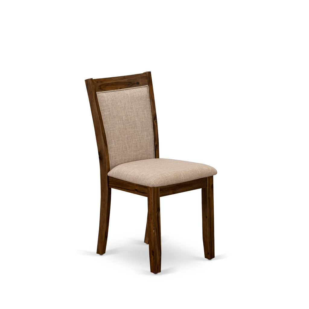East West Furniture MZCNT04 Monza Dining Room Chairs - Light Tan Linen Fabric Seat and High Chair Back - Sand Blasting Antique Walnut Finish (SET OF 2)