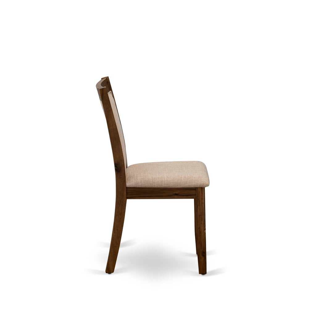 East West Furniture MZCNT04 Monza Dining Room Chairs - Light Tan Linen Fabric Seat and High Chair Back - Sand Blasting Antique Walnut Finish (SET OF 2)