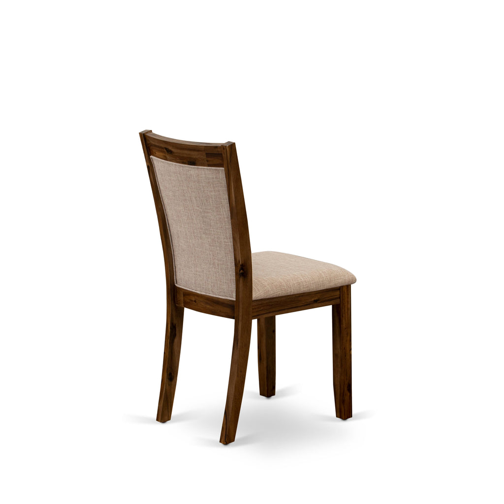 East West Furniture MZCNT04 Monza Dining Room Chairs - Light Tan Linen Fabric Seat and High Chair Back - Sand Blasting Antique Walnut Finish (SET OF 2)