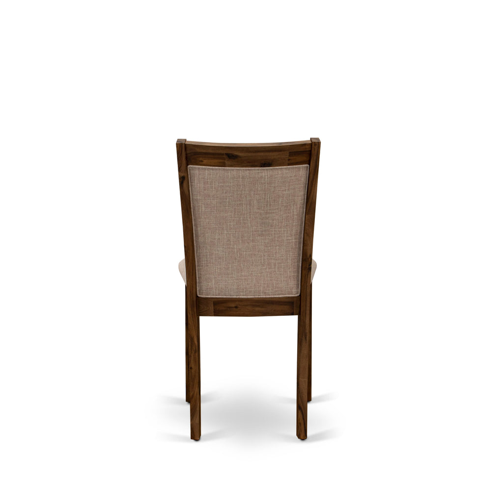 East West Furniture MZCNT04 Monza Dining Room Chairs - Light Tan Linen Fabric Seat and High Chair Back - Sand Blasting Antique Walnut Finish (SET OF 2)