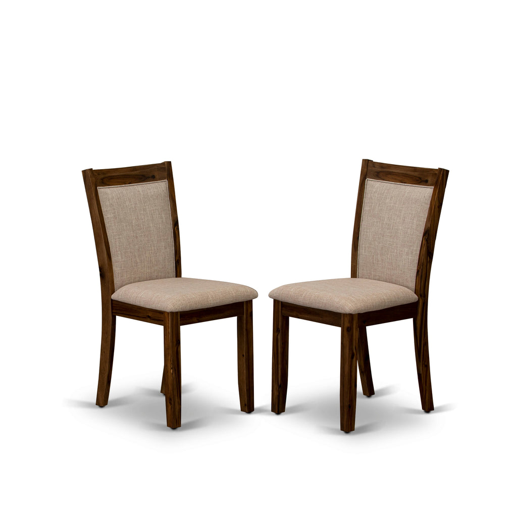 East West Furniture MZCNT04 Monza Dining Room Chairs - Light Tan Linen Fabric Seat and High Chair Back - Sand Blasting Antique Walnut Finish (SET OF 2)