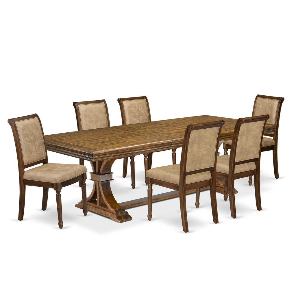 Luxe by East West Furniture NECY7-AWA-28 7-piece Kitchen Table Set includes a Modern Dining Table and 6 Beige PU Leather Dinner Chairs with High Back - Antique Walnut Finish