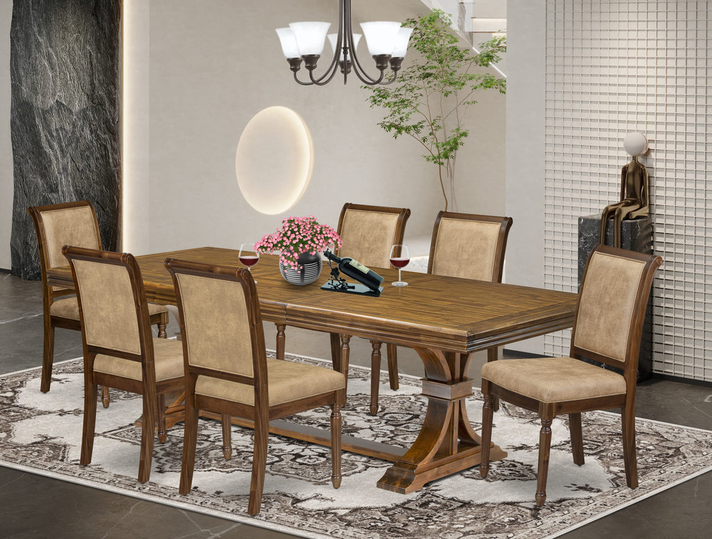 Luxe by East West Furniture NECY7-AWA-28 7-piece Kitchen Table Set includes a Modern Dining Table and 6 Beige PU Leather Dinner Chairs with High Back - Antique Walnut Finish