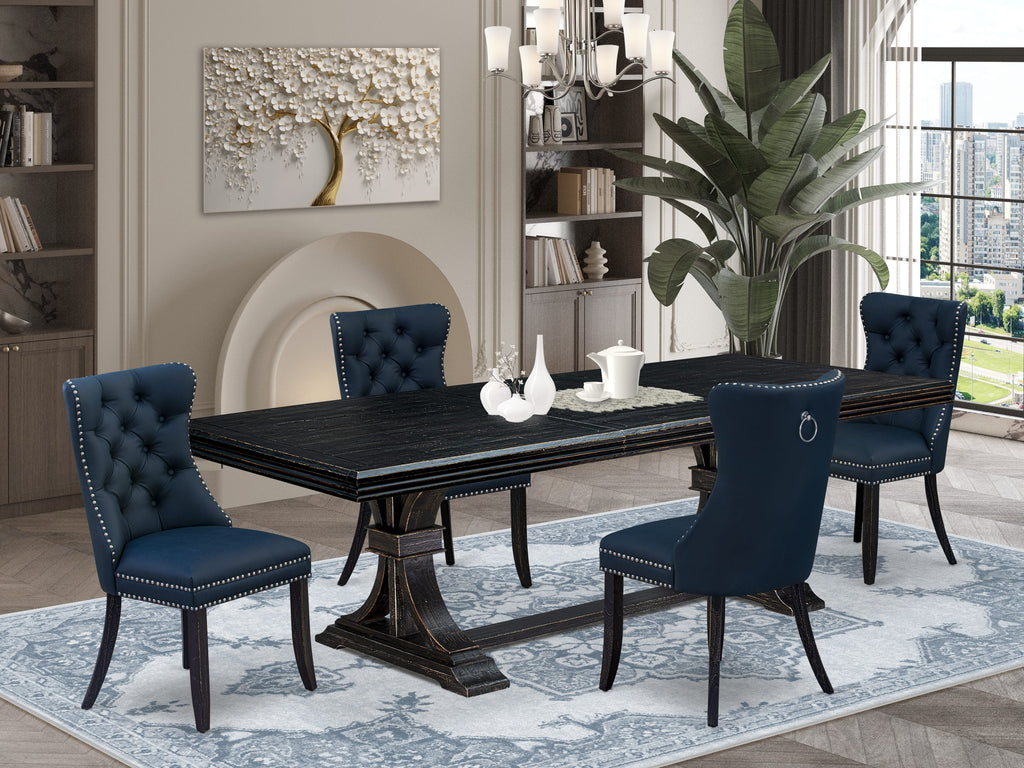 Luxe by East West Furniture NEDA5-SBB-29 - 5-piece dining room set includes a wooden table and 4 Navy Blue Faux Leather dining Chairs with Button Tufted Chair Back - Sand Blasting Black Finish.