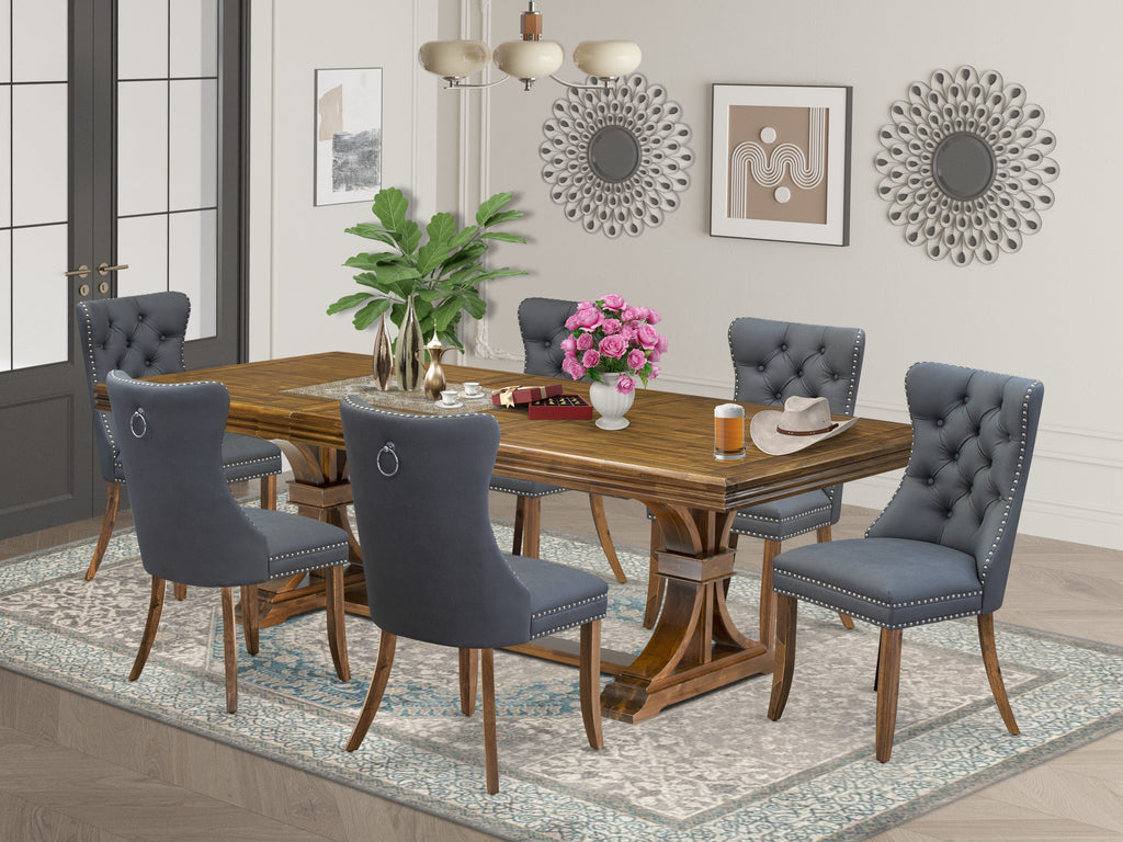 Luxe by East West Furniture NEDA7-AWA-13 7-piece Dining Table Set includes a Modern Dining Table and 6 Platinum Gray PU Leather Kitchen Chairs with Button tufted Back - Antique Walnut Finish