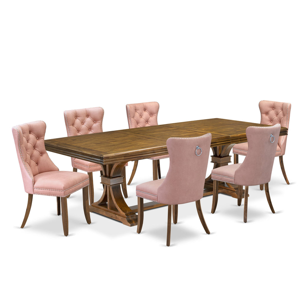 Luxe by East West Furniture NEDA7-AWA-23 7-piece Modern Dining Table Set includes a Dining Table and 6 Beige Red Faux Leather Kitchen Chairs with Button tufted Back - Antique Walnut Finish