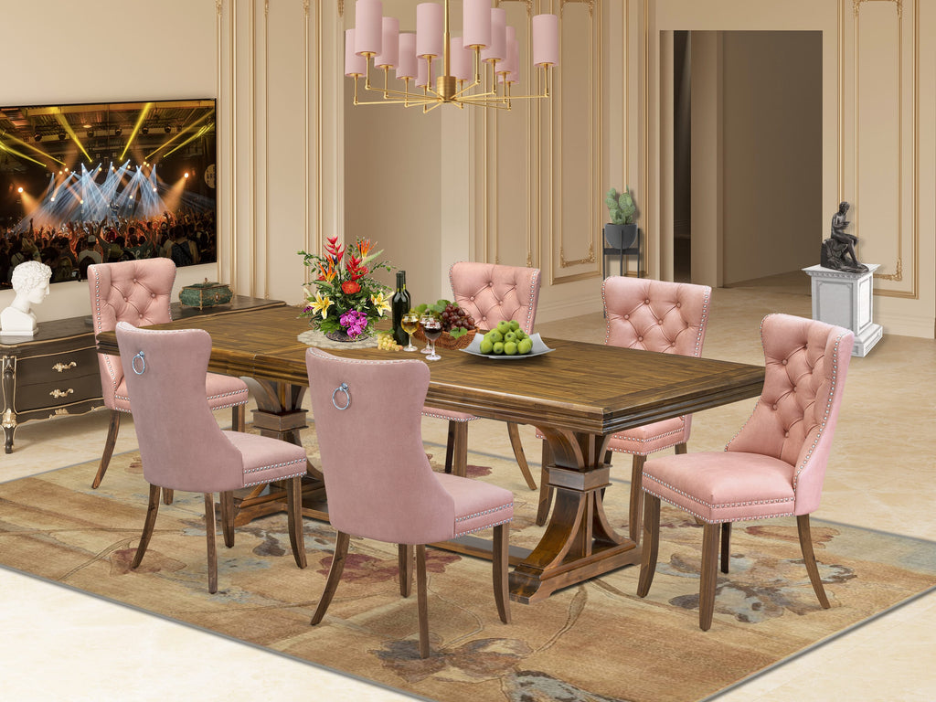 Luxe by East West Furniture NEDA7-AWA-23 7-piece Modern Dining Table Set includes a Dining Table and 6 Beige Red Faux Leather Kitchen Chairs with Button tufted Back - Antique Walnut Finish