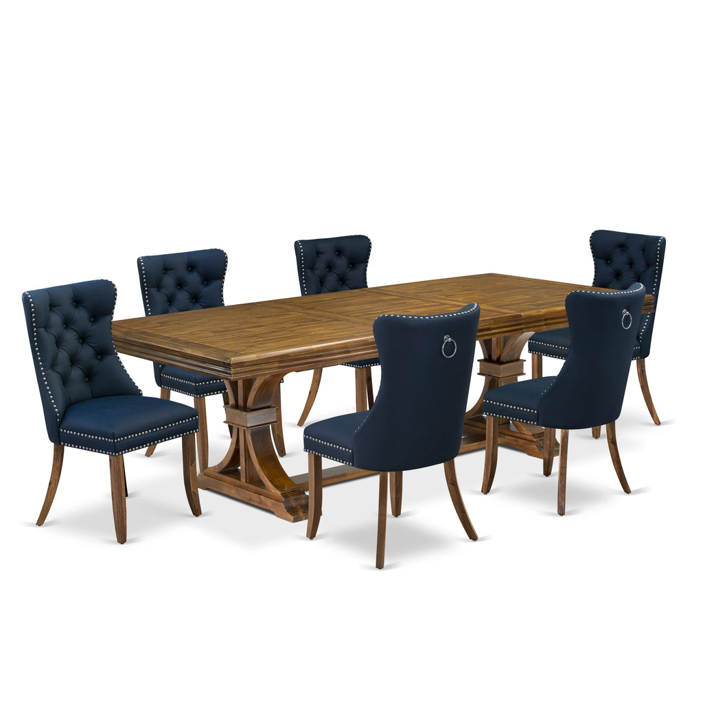 Luxe by East West Furniture NEDA7-AWA-29-7 Pieces Dining Set Contains a Rectangle Kitchen Table and 6 Navy Blue Faux Leather Modern Chairs, Antique Walnut