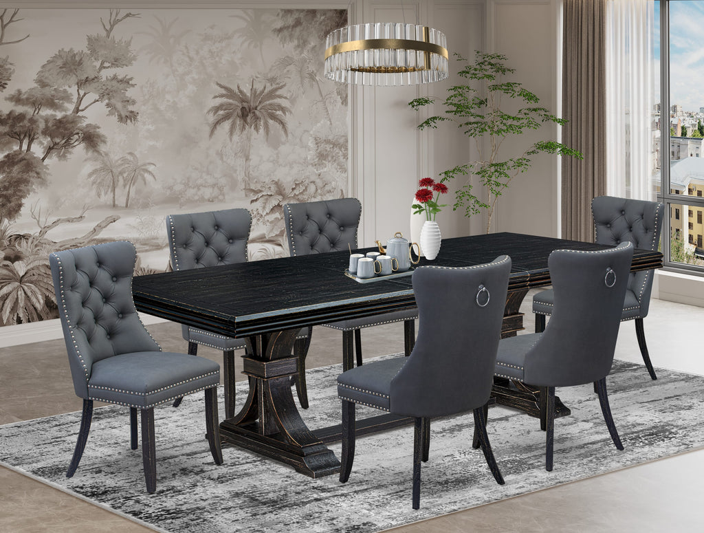 Luxe by East West Furniture NEDA7-SBB-13 7 Pieces Dining Set Contains a Rectangle Kitchen Table and 6 Platinum Gray Faux Leather Modern Chairs, Sand Blasting Black