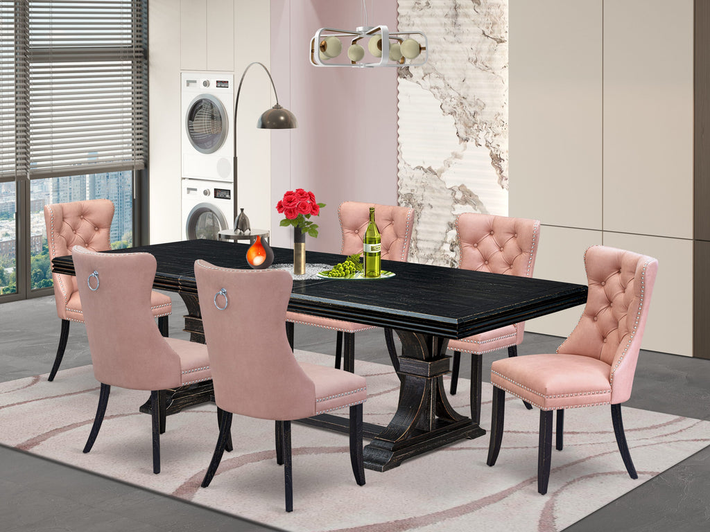 Luxe by East West Furniture NEDA7-SBB-23 7 Pieces Dining Set Contains a Rectangle Kitchen Table and 6 Beige Red Faux Leather Modern Chairs, Sand Blasting Black
