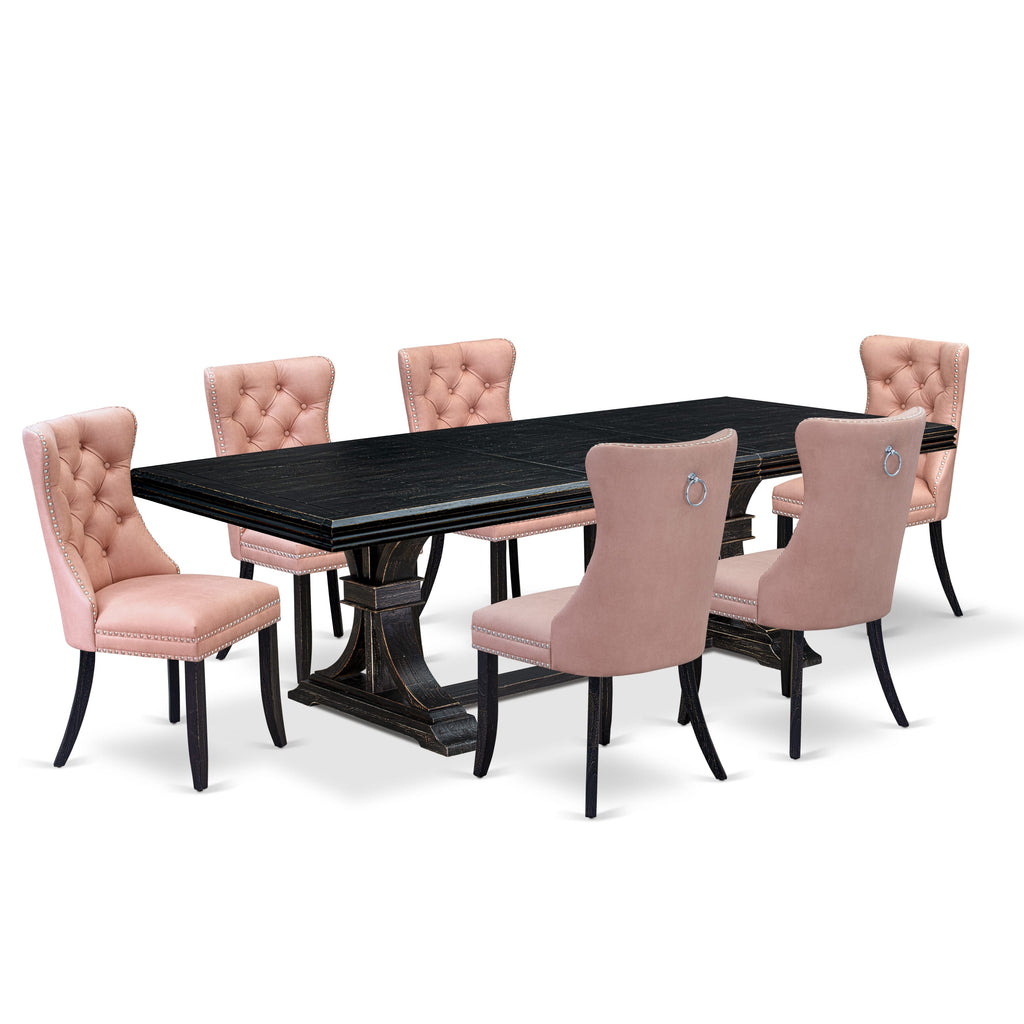 Luxe by East West Furniture NEDA7-SBB-23 7 Pieces Dining Set Contains a Rectangle Kitchen Table and 6 Beige Red Faux Leather Modern Chairs, Sand Blasting Black