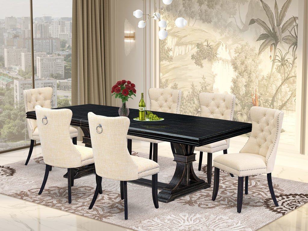 Luxe by East West Furniture NEDA7-SBB-32 - 7-piece kitchen dining set consists of a rectangular table and 6 Light Beige Linen Fabric modern chairs with Button Tufted Chair Back - Sand Blasting Black Finish.