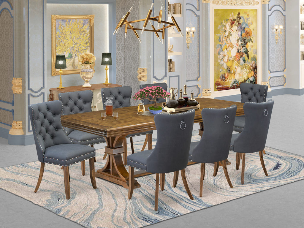 Luxe by East West Furniture NEDA9-AWA-13 9-piece Dining Table Set includes a Kitchen Table and 8 Platinum Gray PU Leather Dining room Chairs with Button tufted Back - Antique Walnut Finish