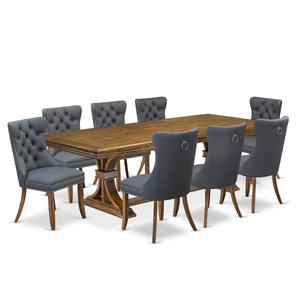 Luxe by East West Furniture NEDA9-AWA-13 9-piece Dining Table Set includes a Kitchen Table and 8 Platinum Gray PU Leather Dining room Chairs with Button tufted Back - Antique Walnut Finish