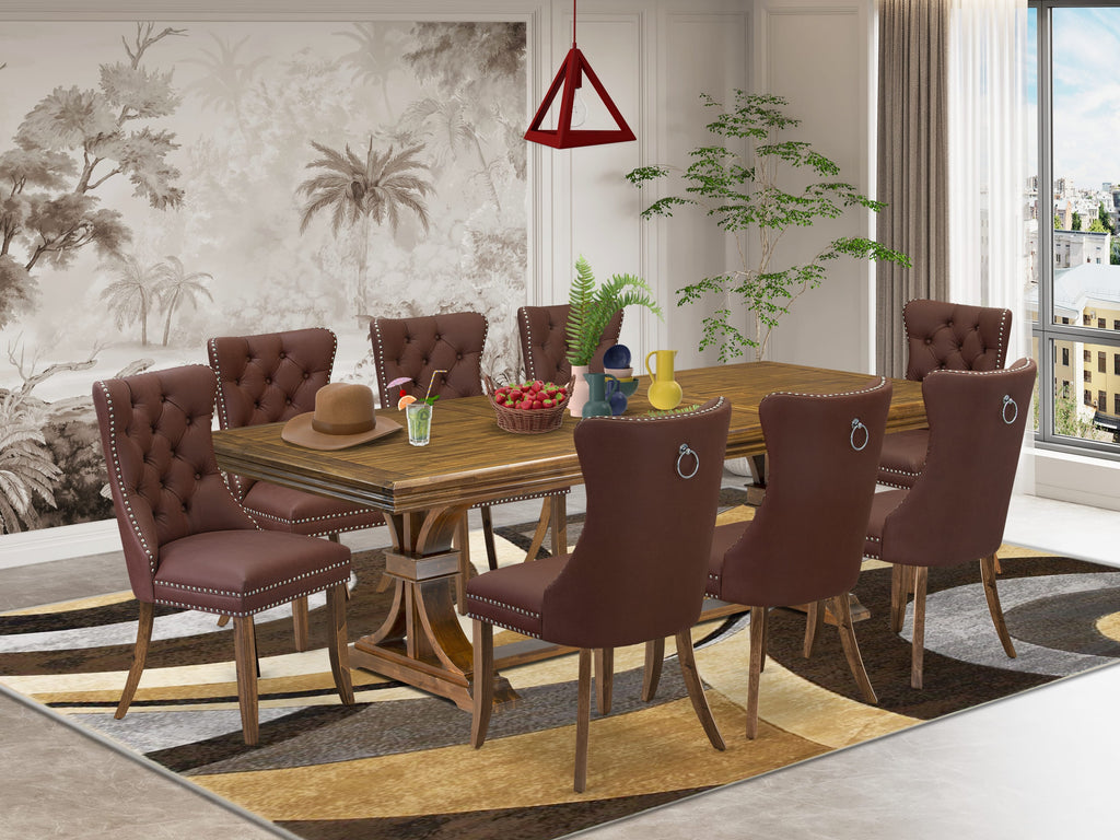 Luxe by East West Furniture NEDA9-AWA-26-9 Pieces Dining Table Set Includes a Rectangle Table and 8 Burgundy Faux Leather Dining Chairs, Antique Walnut