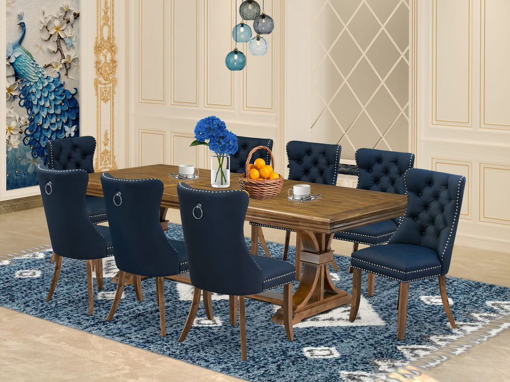 Luxe by East West Furniture NEDA9-AWA-29-9 Pieces Dining Table Set Includes a Rectangle Table and 8 Navy Blue Faux Leather Dining Chairs, Antique Walnut