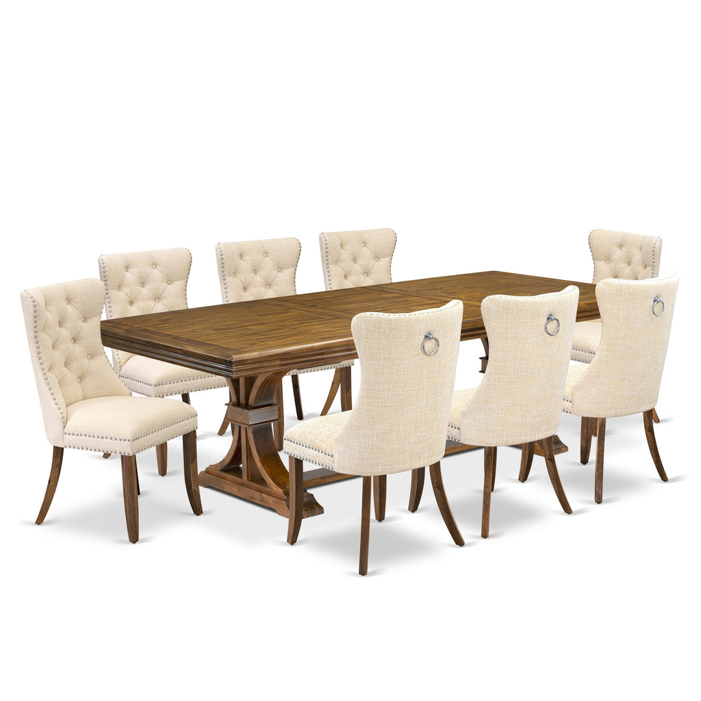 Luxe by East West Furniture NEDA9-AWA-32 9 Pieces Dining Table Set Includes a Rectangle Table and 8 Light Beige Linen fabric Dining Chairs, Antique Walnut