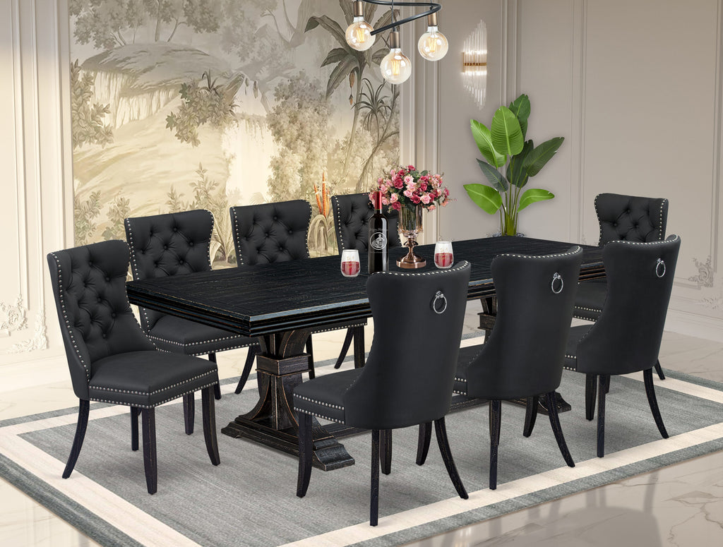 Luxe by East West Furniture NEDA9-SBB-12 9 Pieces Dining Table Set Includes a Rectangle Table and 8 Dark Gray Faux Leather Dining Chairs, Sand Blasting Black