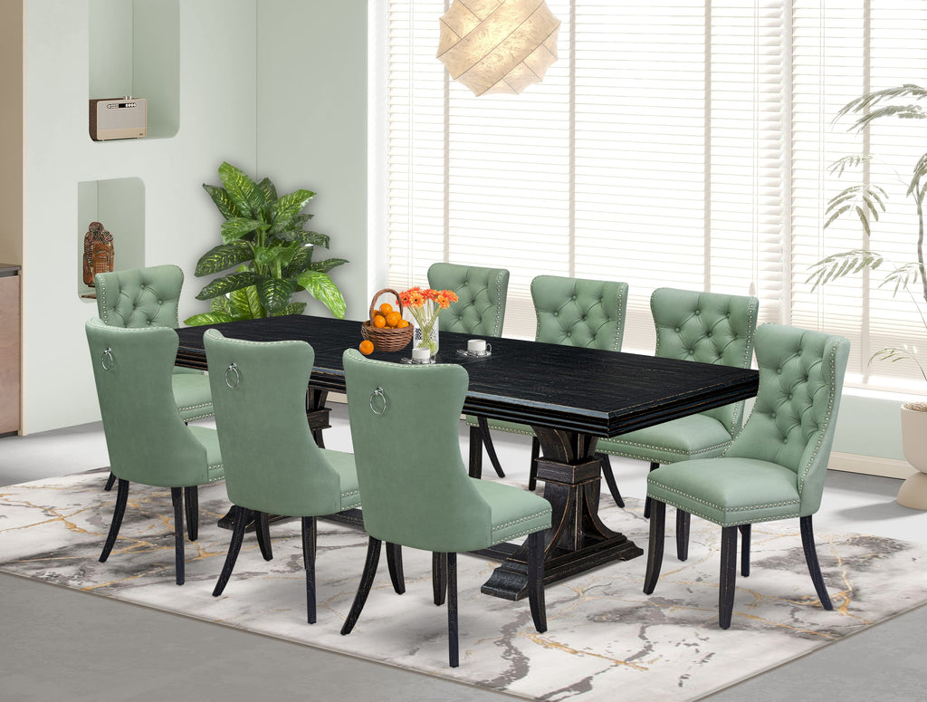 Luxe by East West Furniture NEDA9-SBB-22 9 Pieces Dining Table Set Includes a Rectangle Table and 8 Willow Green Faux Leather Dining Chairs, Sand Blasting Black