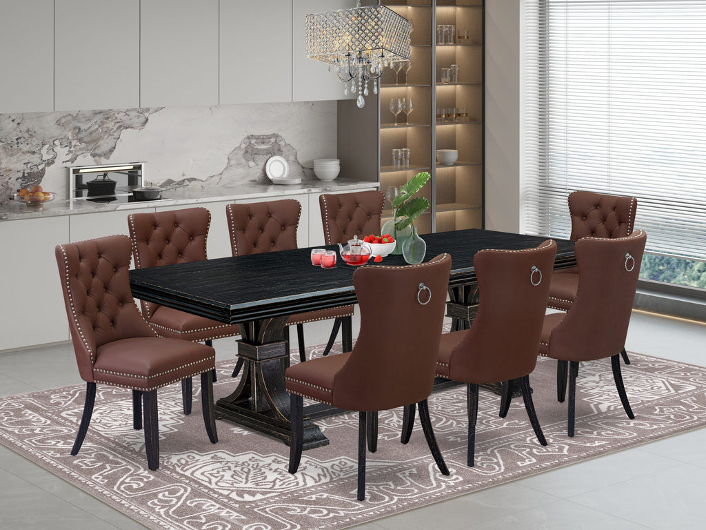 Luxe by East West Furniture NEDA9-SBB-26 - 9-piece dining room set includes a breakfast table and 8 Burgundy Faux Leather dining chairs with Button Tufted Chair Back - Sand Blasting Black Finish