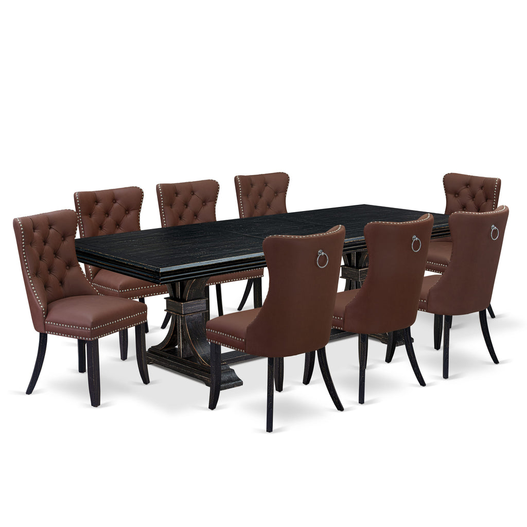 Luxe by East West Furniture NEDA9-SBB-26 - 9-piece dining room set includes a breakfast table and 8 Burgundy Faux Leather dining chairs with Button Tufted Chair Back - Sand Blasting Black Finish