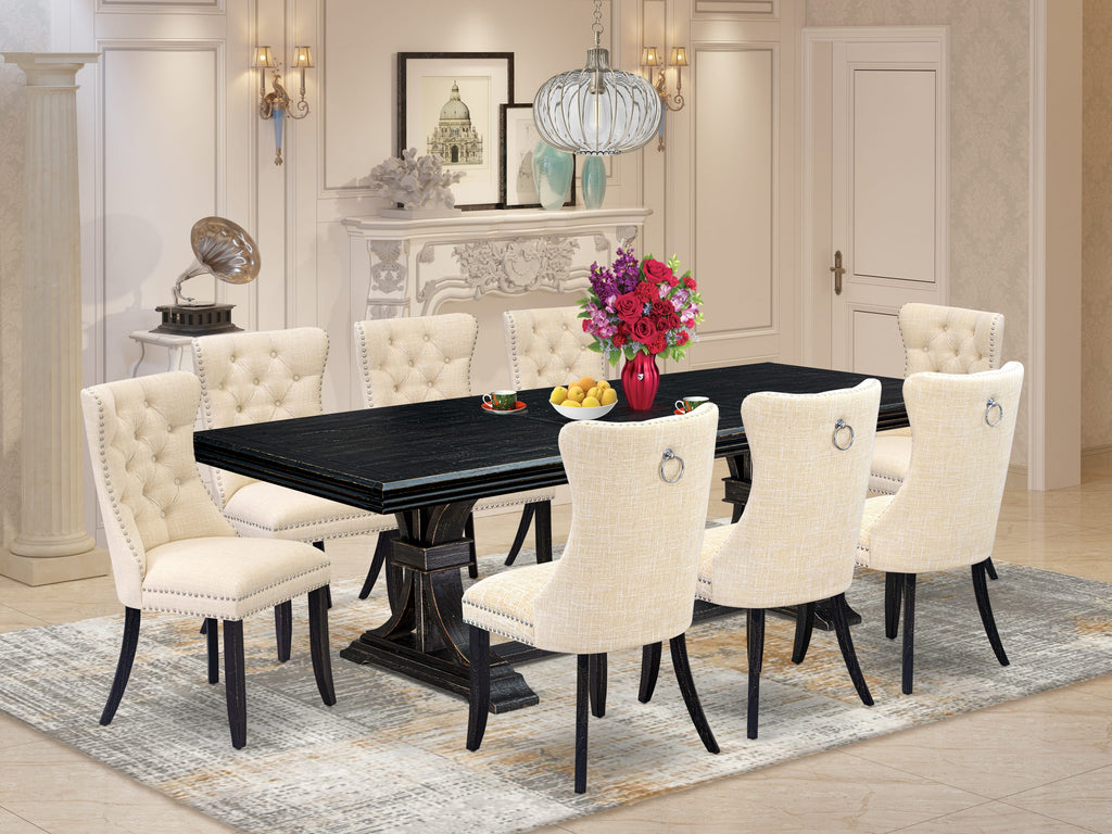 Luxe by East West Furniture NEDA9-SBB-32 - 9-piece dining table set consists of a dinner table and 8 Light Beige Linen Fabric dining chairs with Button Tufted Chair Back - Sand Blasting Black Finish.