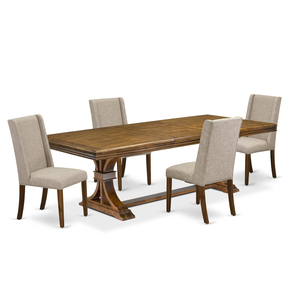Luxe by East West Furniture NEFL5-AWA-04 - 5-piece dining room set consists of a wooden table and 4 Light Tan Linen Fabric upholstered chairs with Padded Chair Back - Antique Walnut Finish.