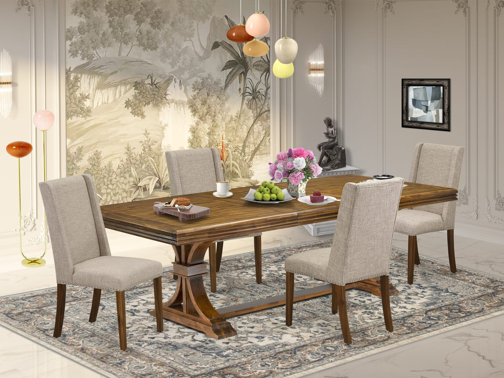 Luxe by East West Furniture NEFL5-AWA-04 - 5-piece dining room set consists of a wooden table and 4 Light Tan Linen Fabric upholstered chairs with Padded Chair Back - Antique Walnut Finish.