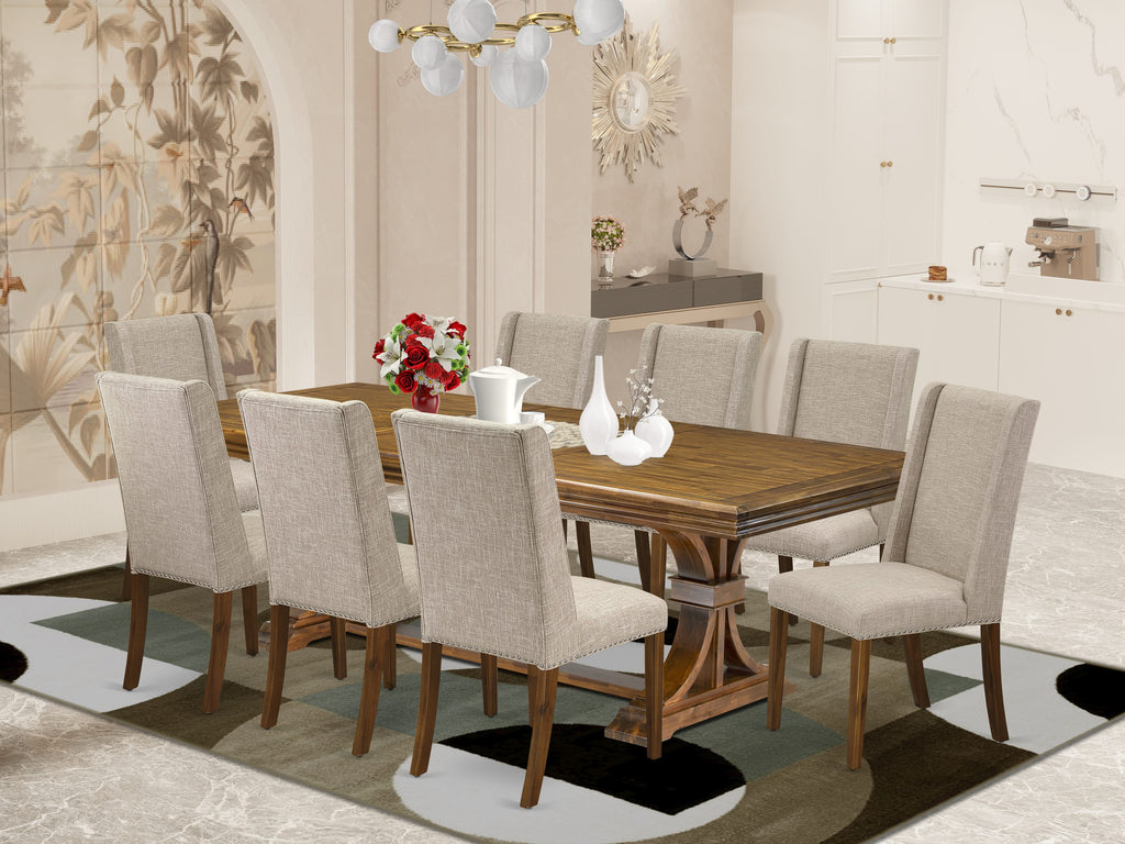 Luxe by East West Furniture NEFL9-AWA-04 - 9-piece kitchen set consists of a dinner table and 8 Light Tan Linen Fabric parson chairs with Padded Chair Back - Antique Walnut Finish.