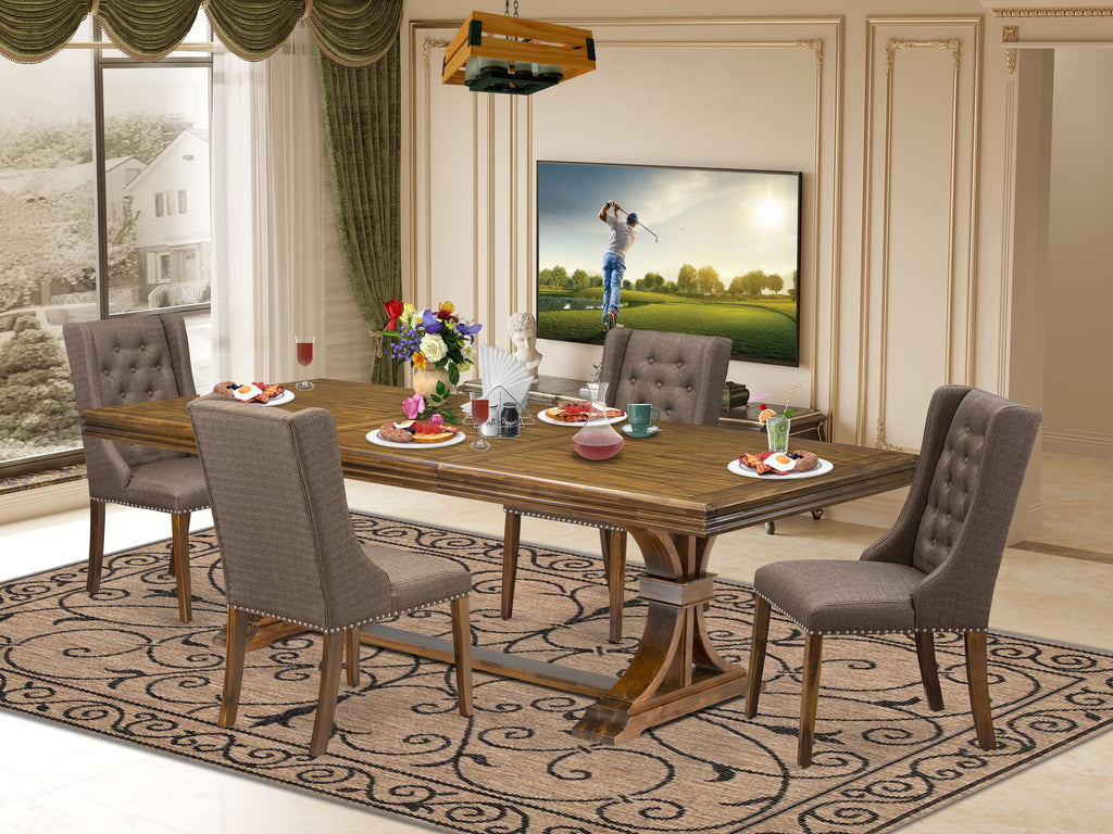 Luxe by East West Furniture NEFO5-AWA-18 - 5-piece dining room set includes a wooden table and 4 Brown Linen Fabric kitchen chairs with Button Tufted Chair Back - Antique Walnut finish.