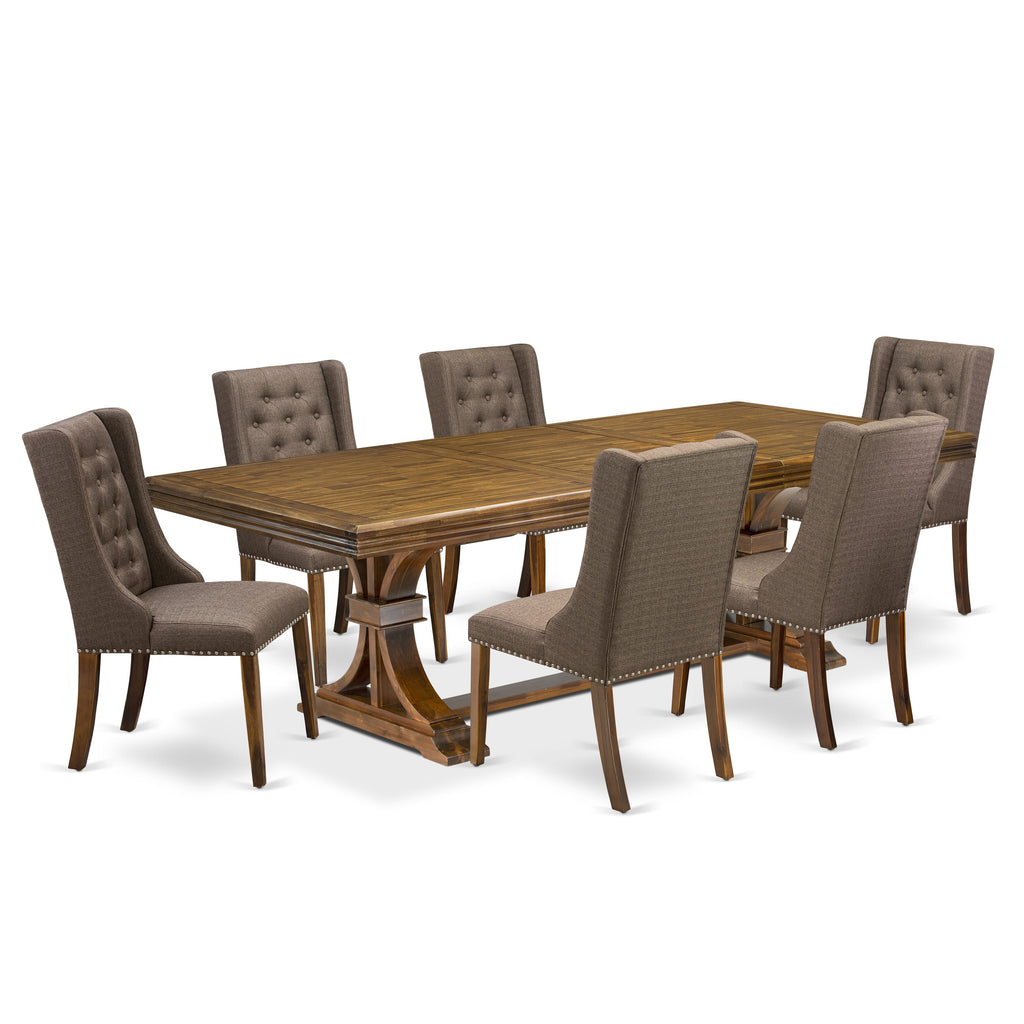 Luxe by East West Furniture NEFO7-AWA-18 - 7-piece kitchen table set consists of a dining table and 6 Brown Linen Fabric parson chairs with Button Tufted Chair Back - Antique Walnut finish.