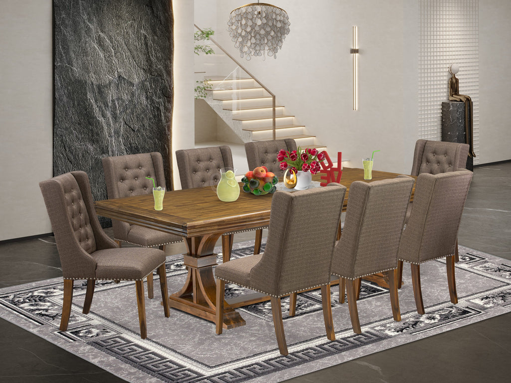 Luxe by East West Furniture NEFO9-AWA-18 - 9-piece kitchen dining set includes a breakfast table and 8 Brown Linen Fabric kitchen chairs with Button Tufted Chair Back - Antique Walnut finish.