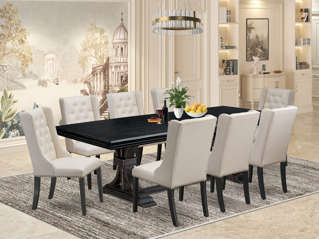 Luxe by East West Furniture NEFO9-SBB-01 - 9-piece dining set consists of a dinner table and 8 Cream Linen Fabric dining room chairs & black legs with Button Tufted Back - Sand Blasting Black finish.