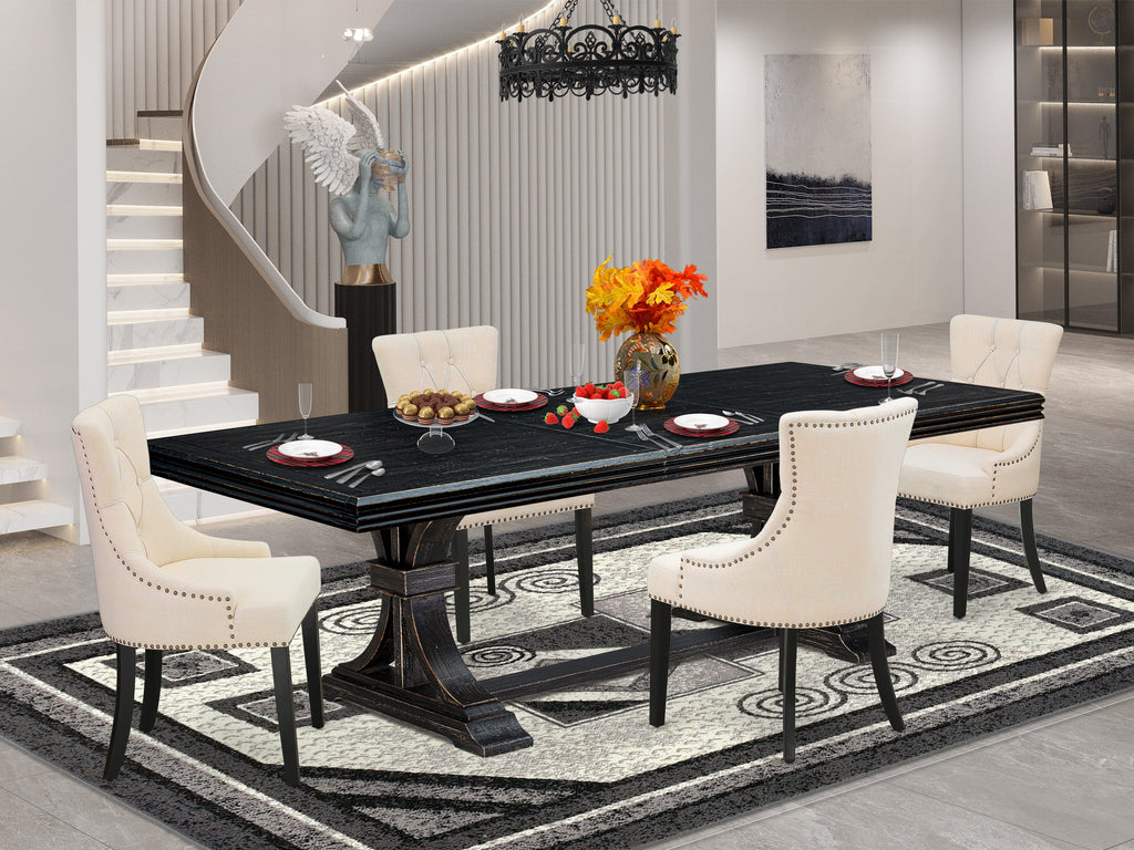 Luxe by East West Furniture NEFR5-SBB-02 - 5-piece dining set includes a kitchen table and 4 Light Beige Linen Fabric kitchen chairs & black legs with Button Tufted Back - Sand Blasting Black finish.