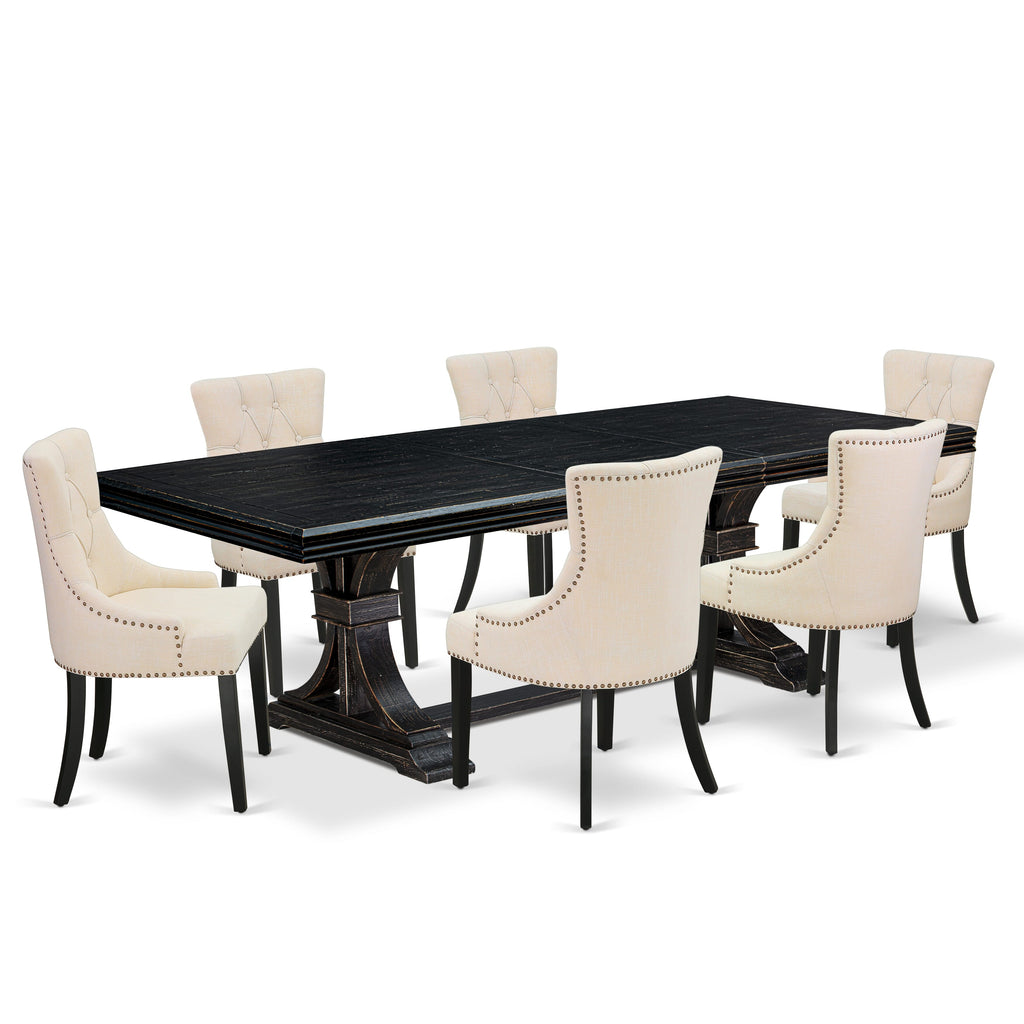 Luxe by East West Furniture NEFR7-SBB-02 - 7-piece dining set consists of a dinner table and 6 Light Beige Linen Fabric modern chairs & black legs with Button Tufted Back - Sand Blasting Black finish.