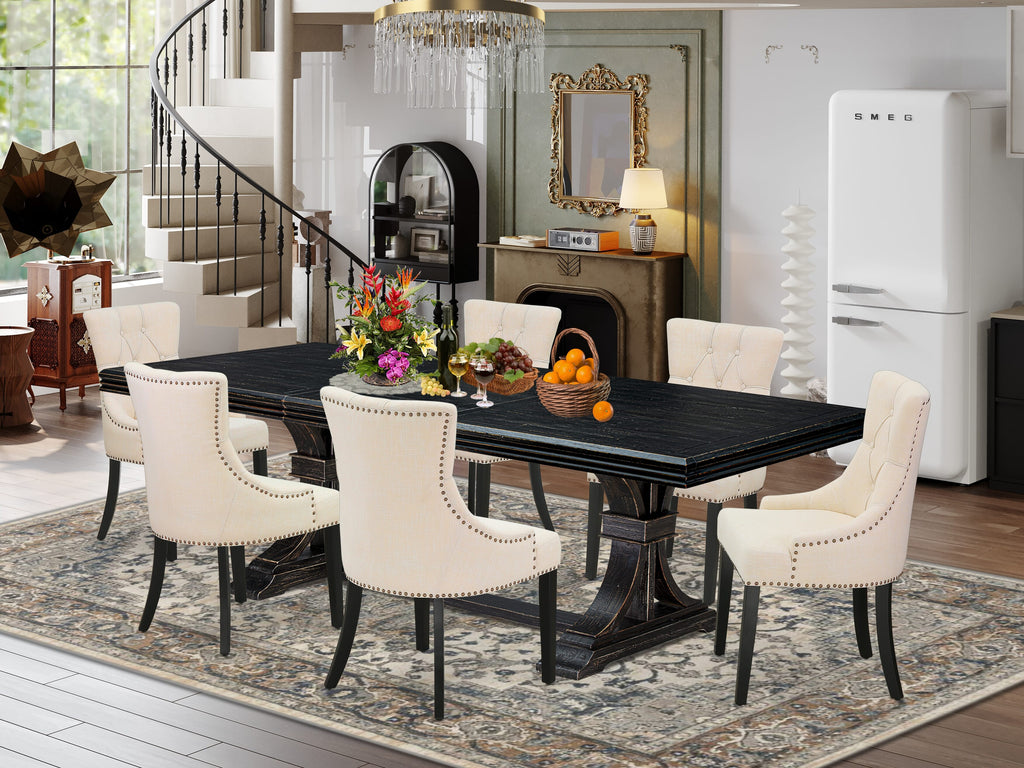 Luxe by East West Furniture NEFR7-SBB-02 - 7-piece dining set consists of a dinner table and 6 Light Beige Linen Fabric modern chairs & black legs with Button Tufted Back - Sand Blasting Black finish.