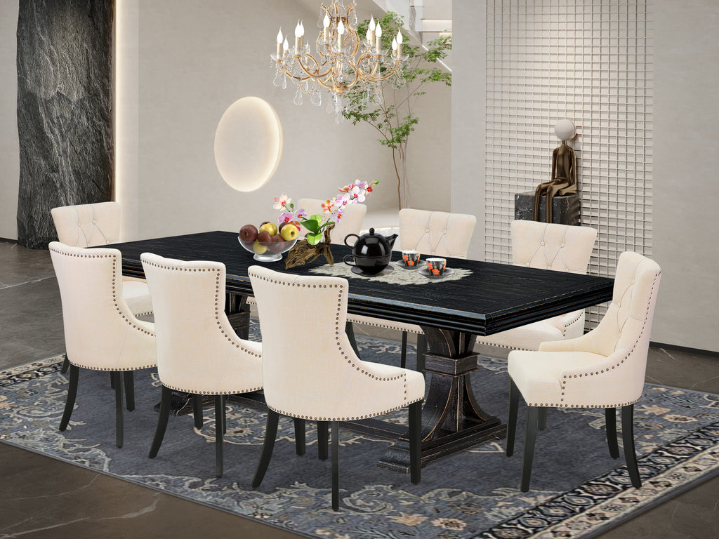 Luxe by East West Furniture NEFR9-SBB-02 - 9-piece dining set includes a wooden table and 8 Light Beige Linen Fabric dining chairs & black legs with Button Tufted Back - Sand Blasting Black finish.
