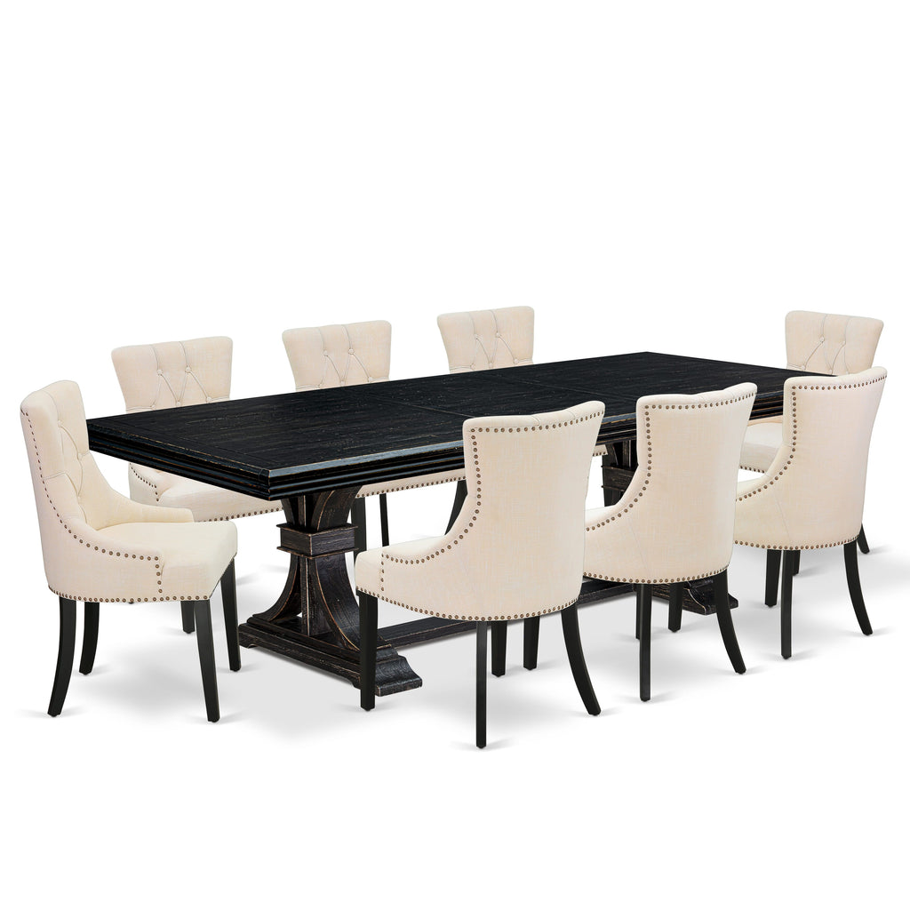 Luxe by East West Furniture NEFR9-SBB-02 - 9-piece dining set includes a wooden table and 8 Light Beige Linen Fabric dining chairs & black legs with Button Tufted Back - Sand Blasting Black finish.