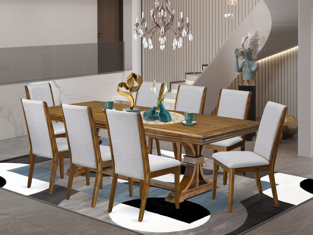 Luxe by East West Furniture NELA9-AWA-05 9 Pieces Dining table set includes a Rectangular Kitchen Table and 8 Grey Linen Fabric Dining Room Chairs, Antique Walnut finish