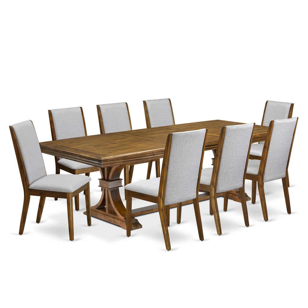 Luxe by East West Furniture NELA9-AWA-05 9 Pieces Dining table set includes a Rectangular Kitchen Table and 8 Grey Linen Fabric Dining Room Chairs, Antique Walnut finish