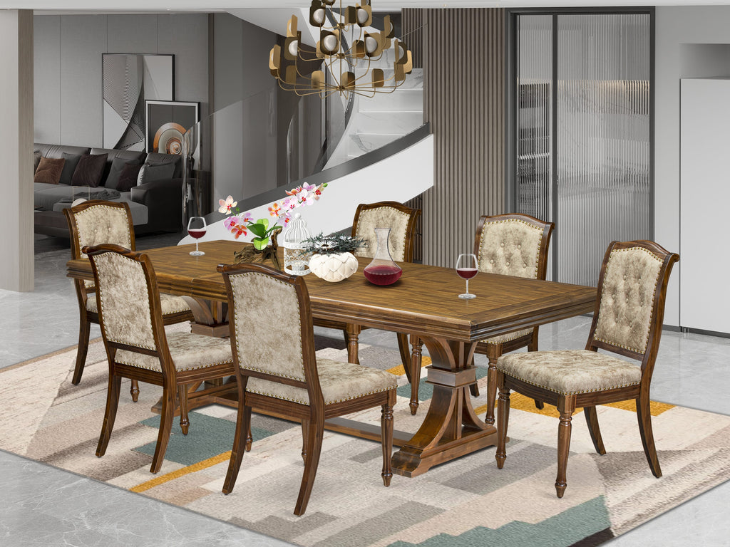 Luxe by East West Furniture NEMA7-AWA-36 7 Pieces Dining Room set includes a Rectangular Dining Table and 6 Light Beige PU Leather Kitchen Chairs, Antique Walnut finish
