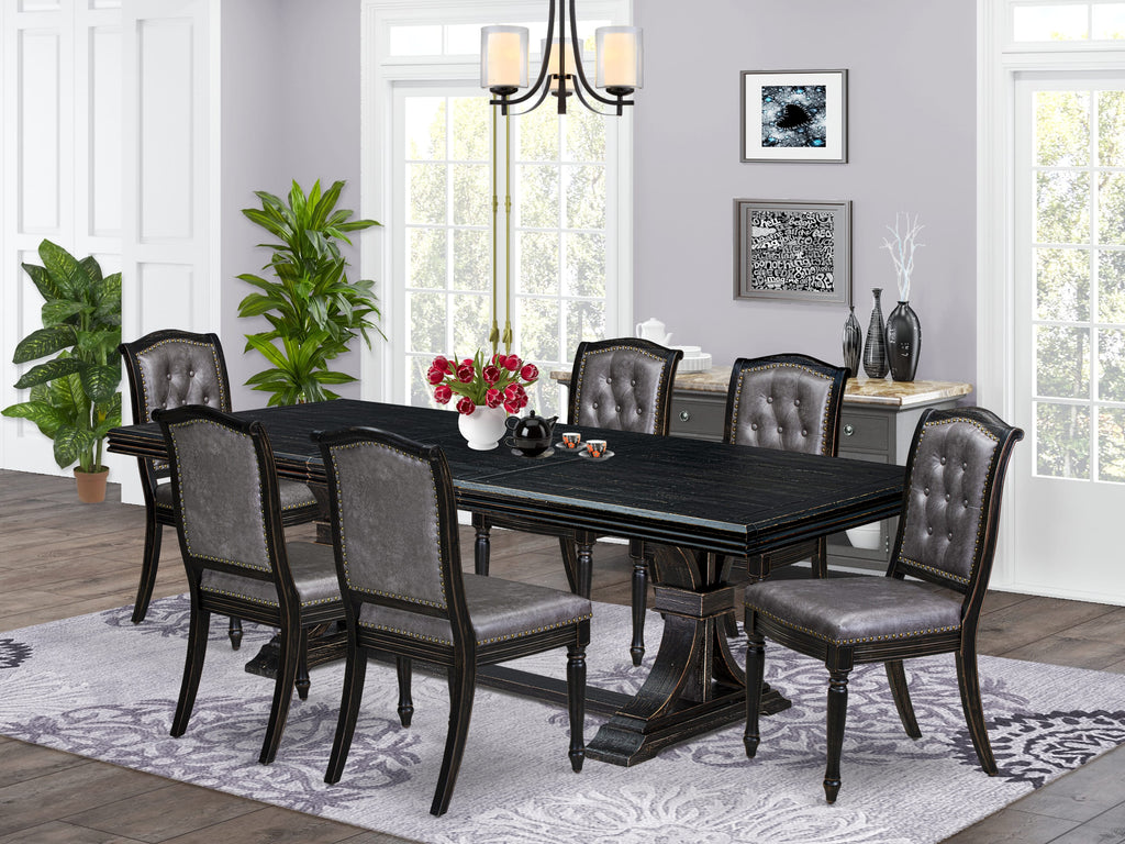 Luxe by East West Furniture - NEMA7-SBB-34 - 7-piece Mid Century Dining Set consists of a Wood Dining Table and 6 Dark Grey PU Leather Kitchen Chairs with Button Tufted Back - Sand Blasting Black